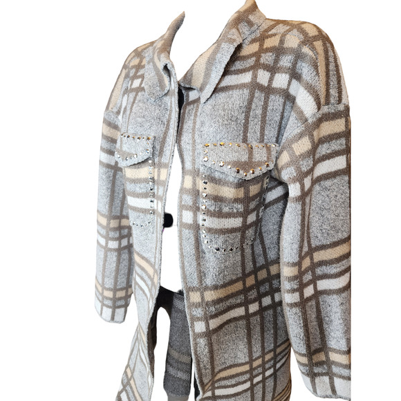 Madison Plaid Knit Cardigan Sweater Womens Large Open Front Layering Rhinestone - Picture 5 of 14